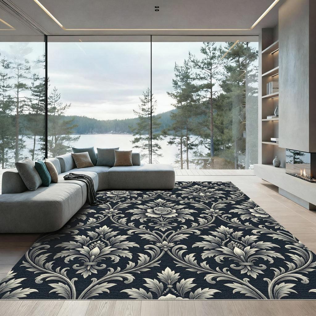 Dark Gray Damask Floral Scroll Rug