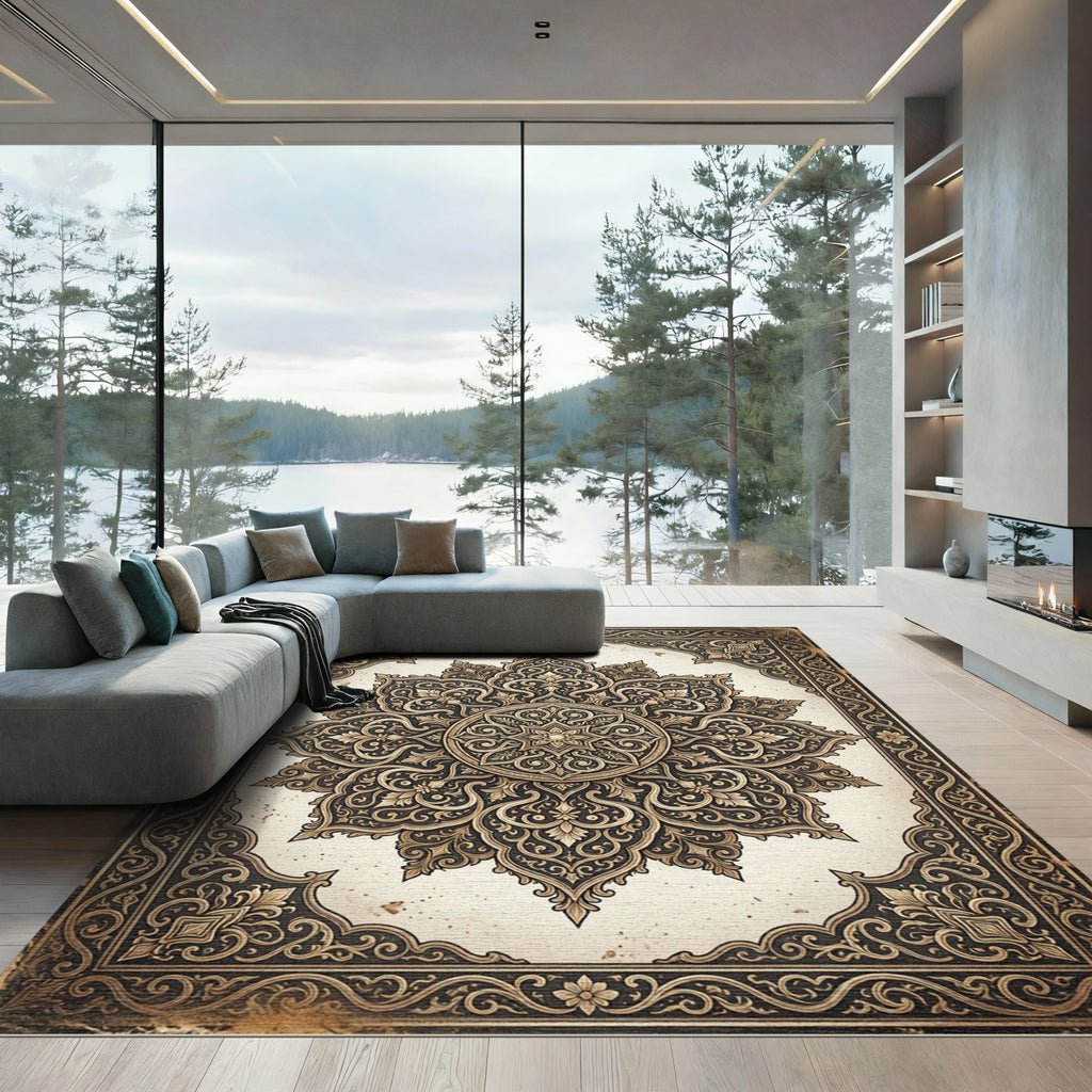 Ornate Golden Filigree Medallion Area Rug