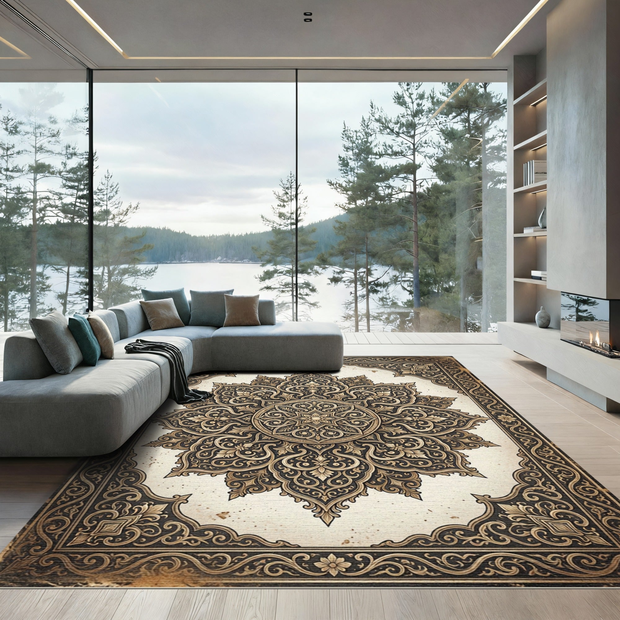 Ornate Golden Filigree Medallion Area Rug