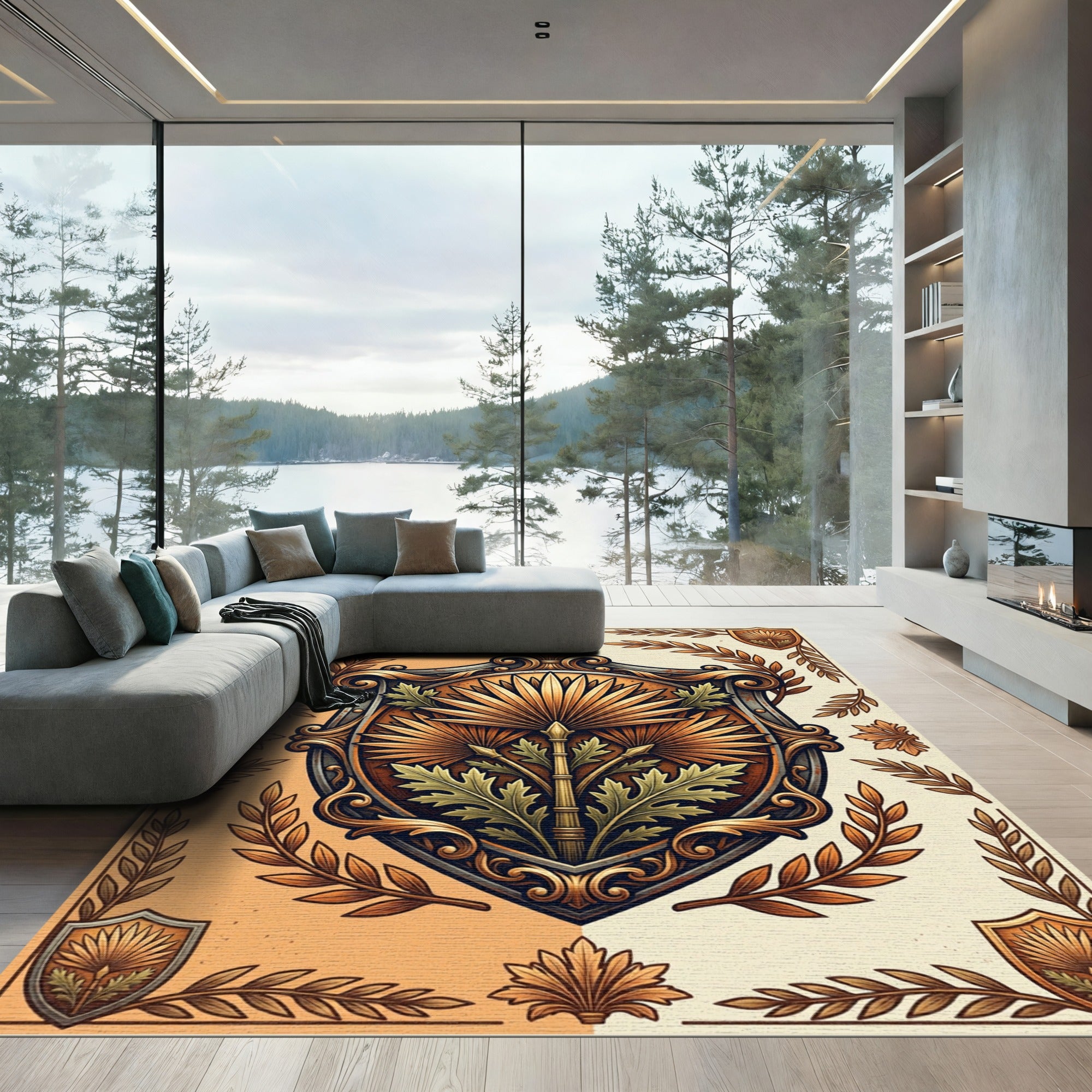 Regal Golden Palm Botanical Heraldic Shield Rug