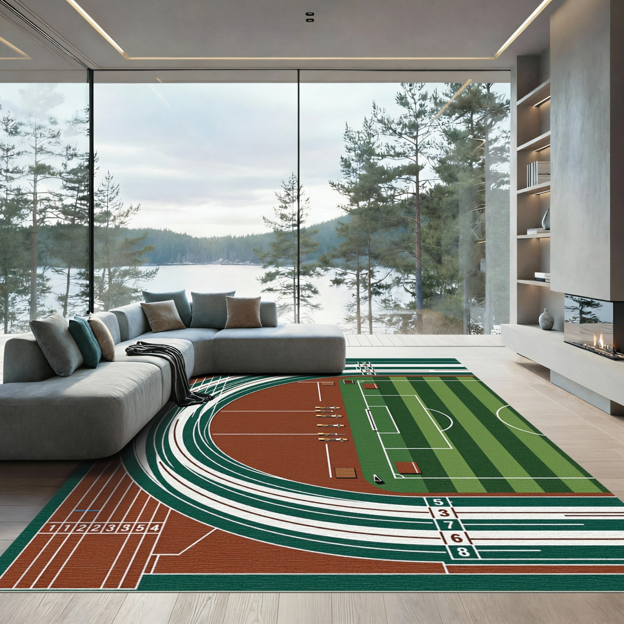 Modern Athletic Track Field Top View Rug