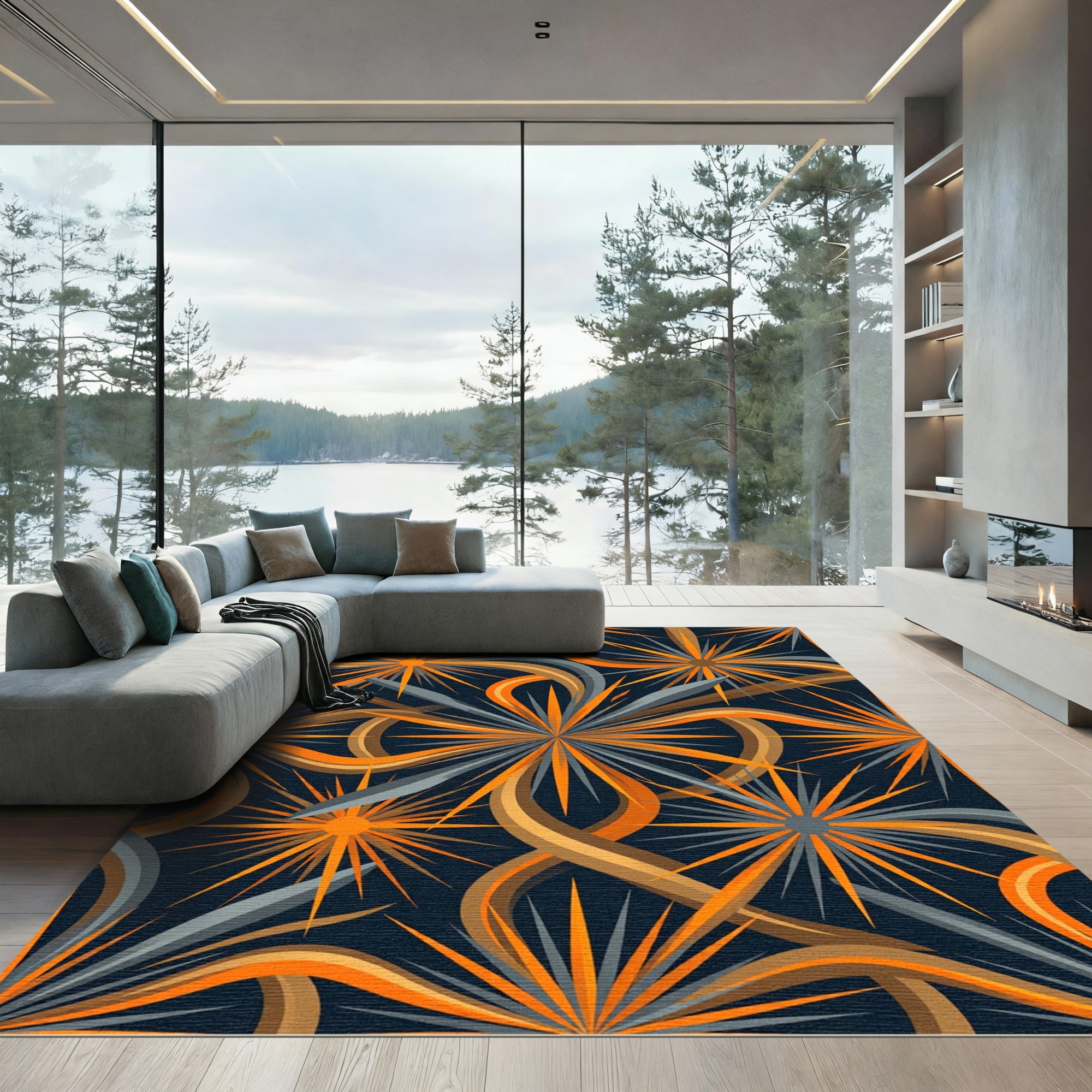 Radiant Orange and Slate Starburst Rug