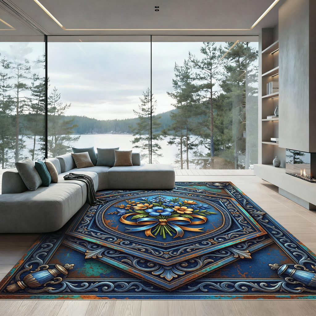 Ornate Blue Floral Hexagon Medallion Rug