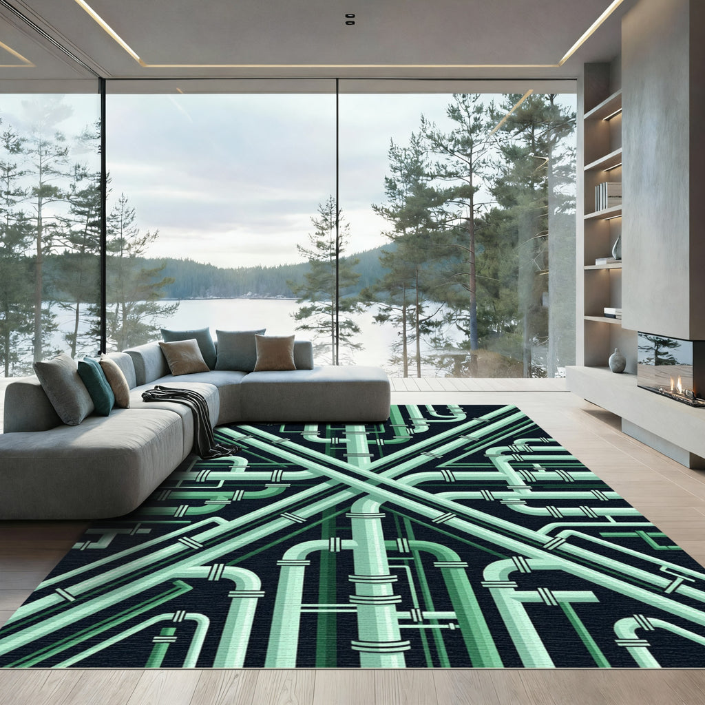 Mint Green Industrial Pipe Abstract Rug