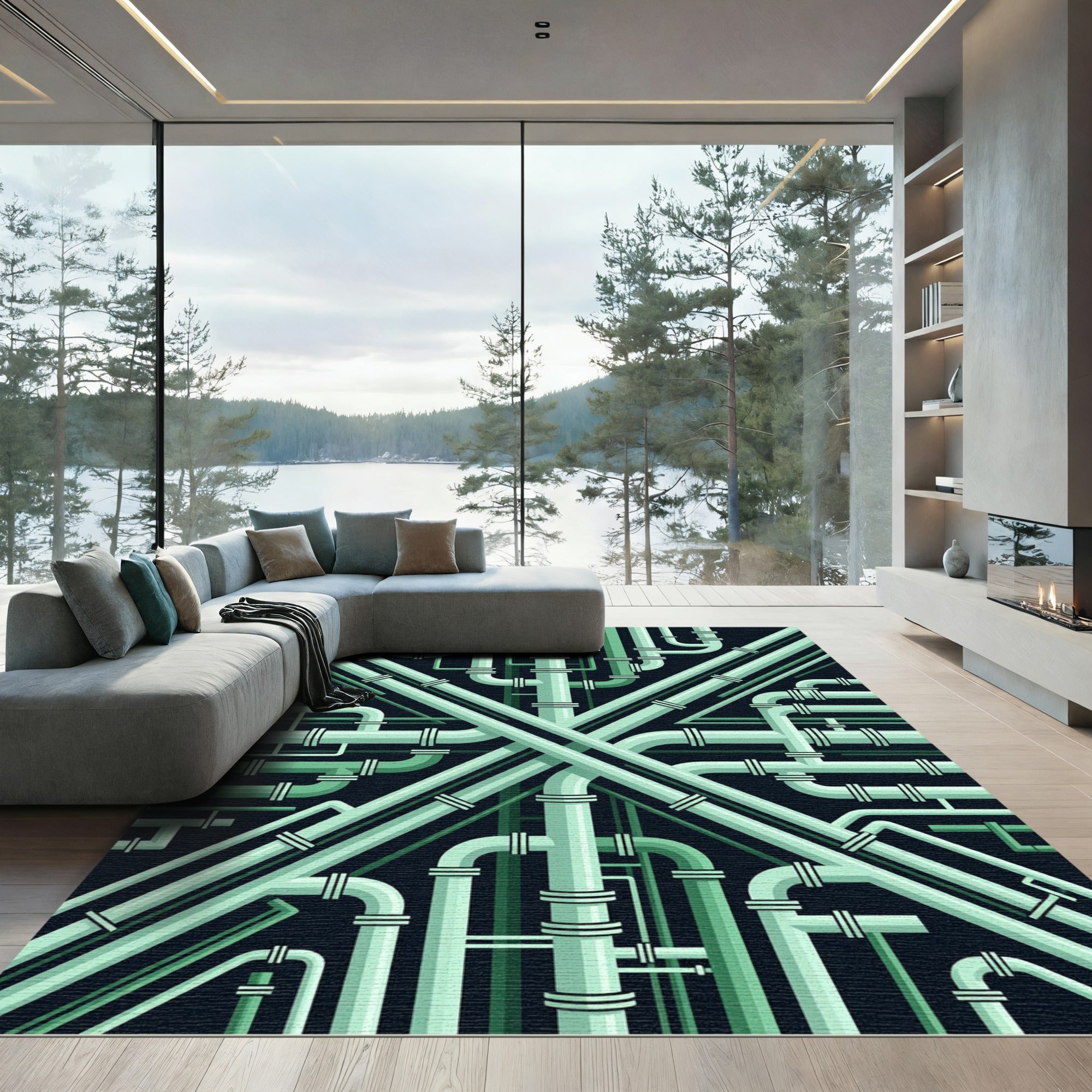 Mint Green Industrial Pipe Abstract Rug