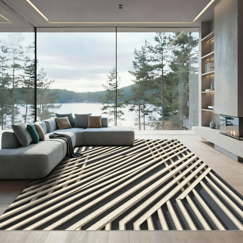 Diagonal Cream Linear Geometric Abstract Rug