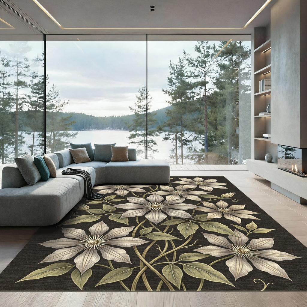 Elegant White Clematis Botanical Floral Rug