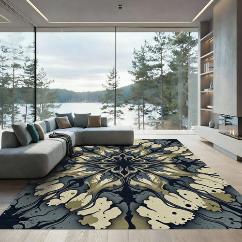 Abstract Sage and Charcoal Layered Mandala Rug
