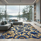 Elegant Blue and Gold Floral Vine Rug