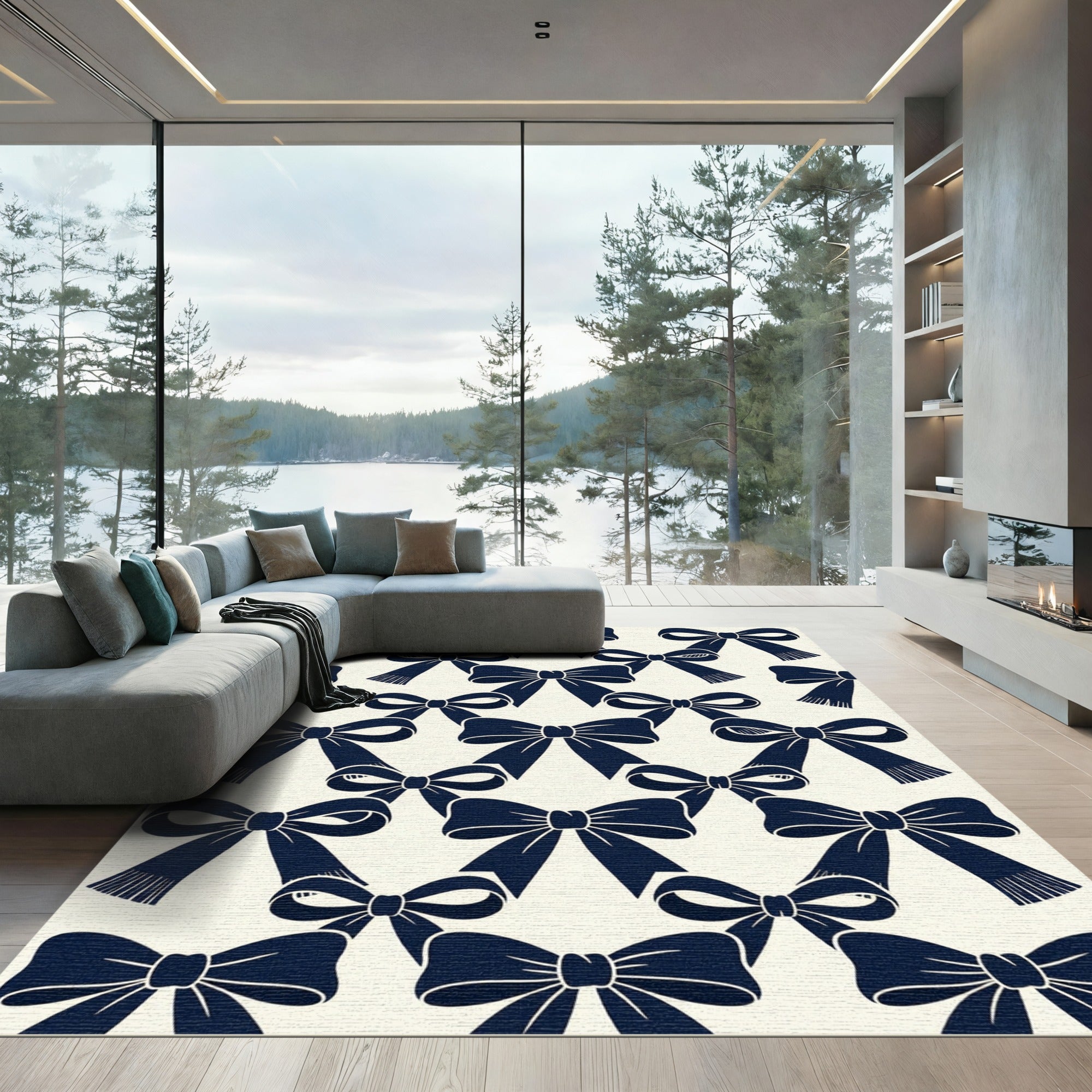 Navy Blue Elegant Ribbon Bows Rug