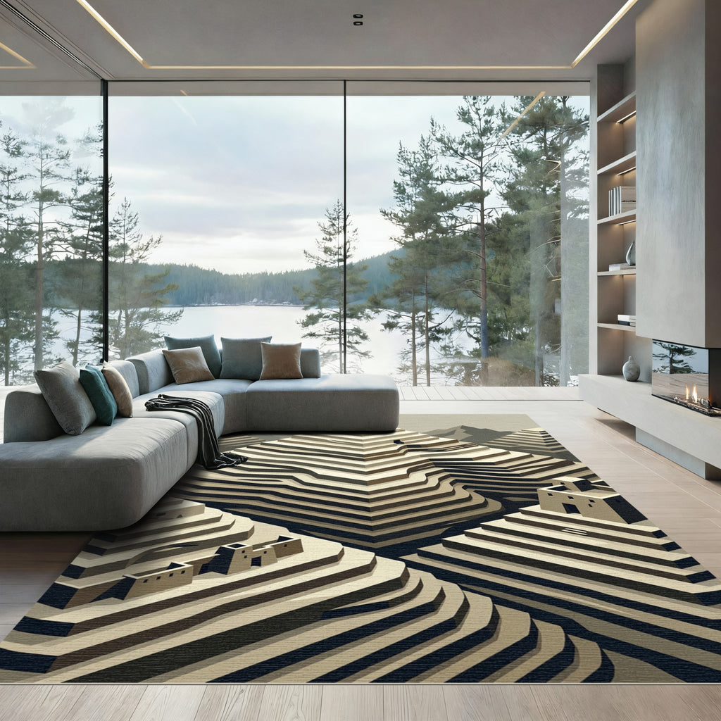 Terraced Earthtone Mountain Landscape Rug
