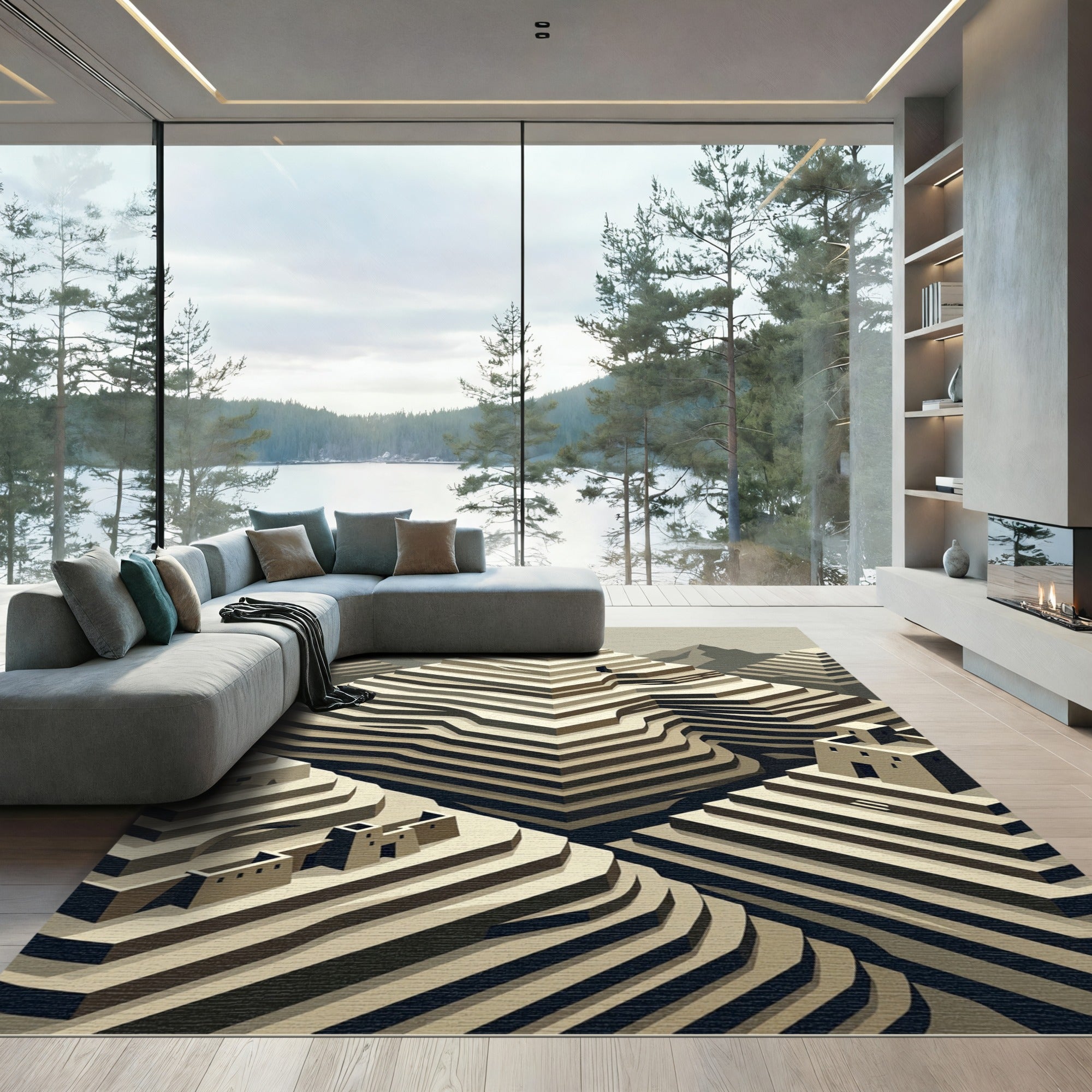 Terraced Earthtone Mountain Landscape Rug