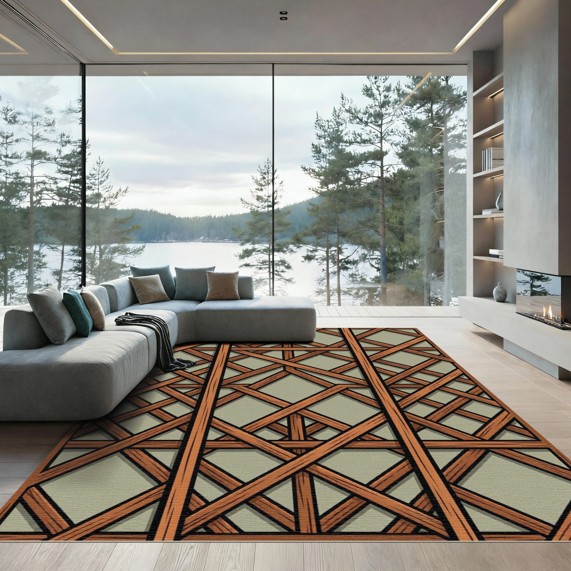 Symmetrical Wood Trestle Lattice Tile Rug