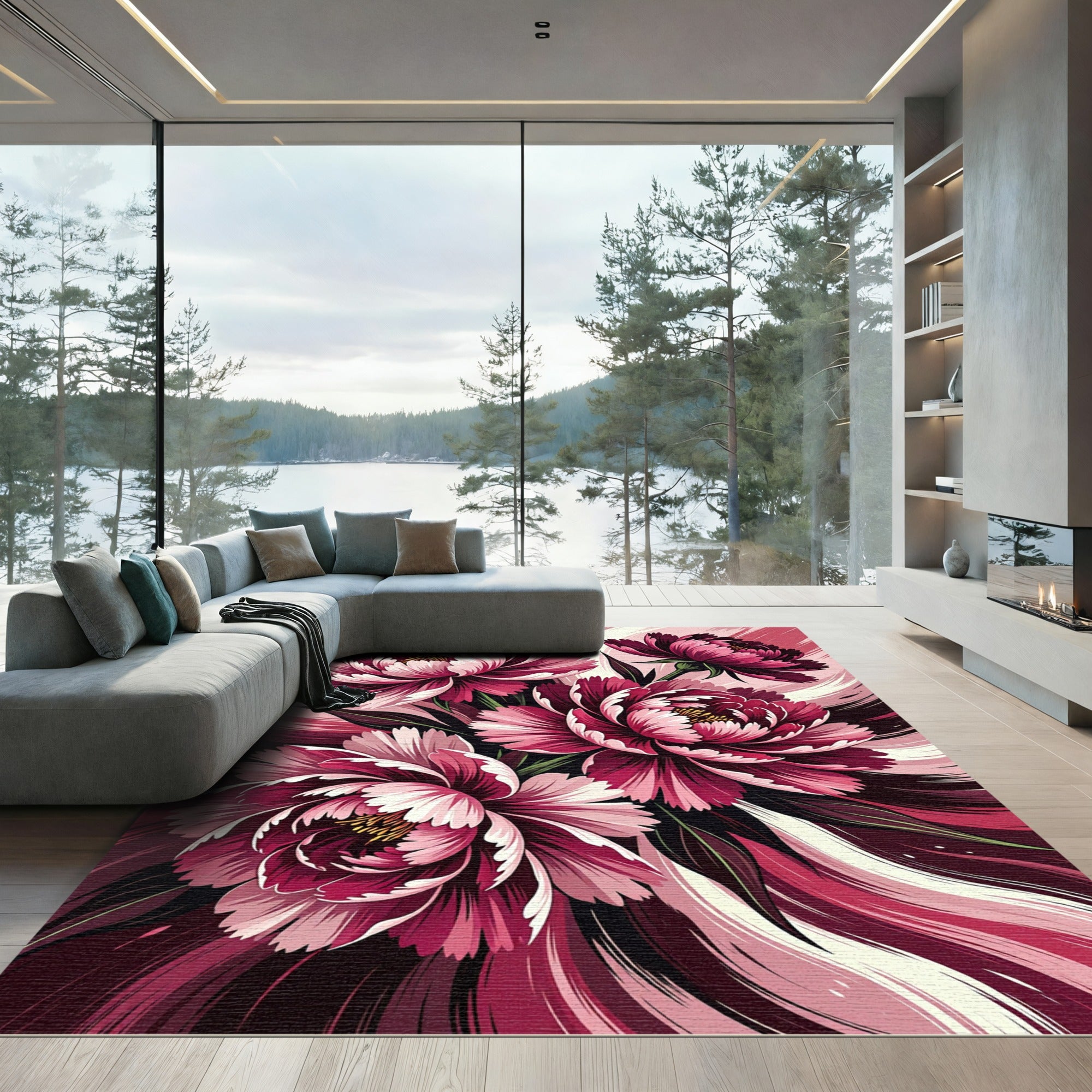 Crimson Pink Peony Floral Burst Rug