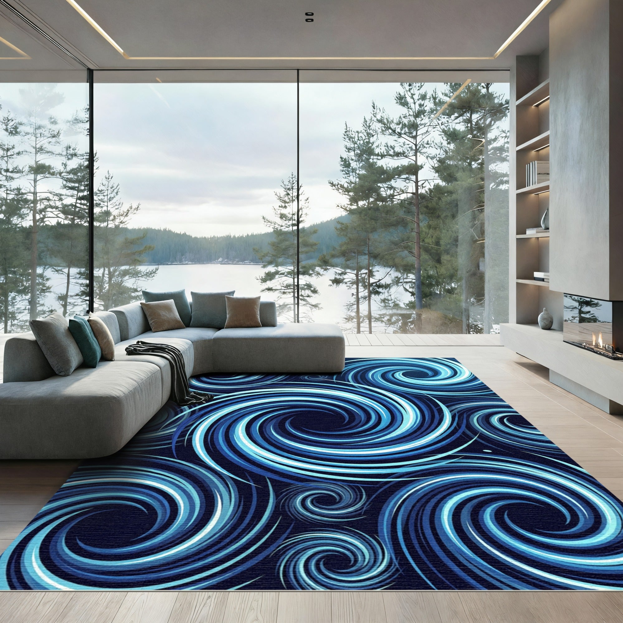 Deep Blue Swirling Vortex Rug