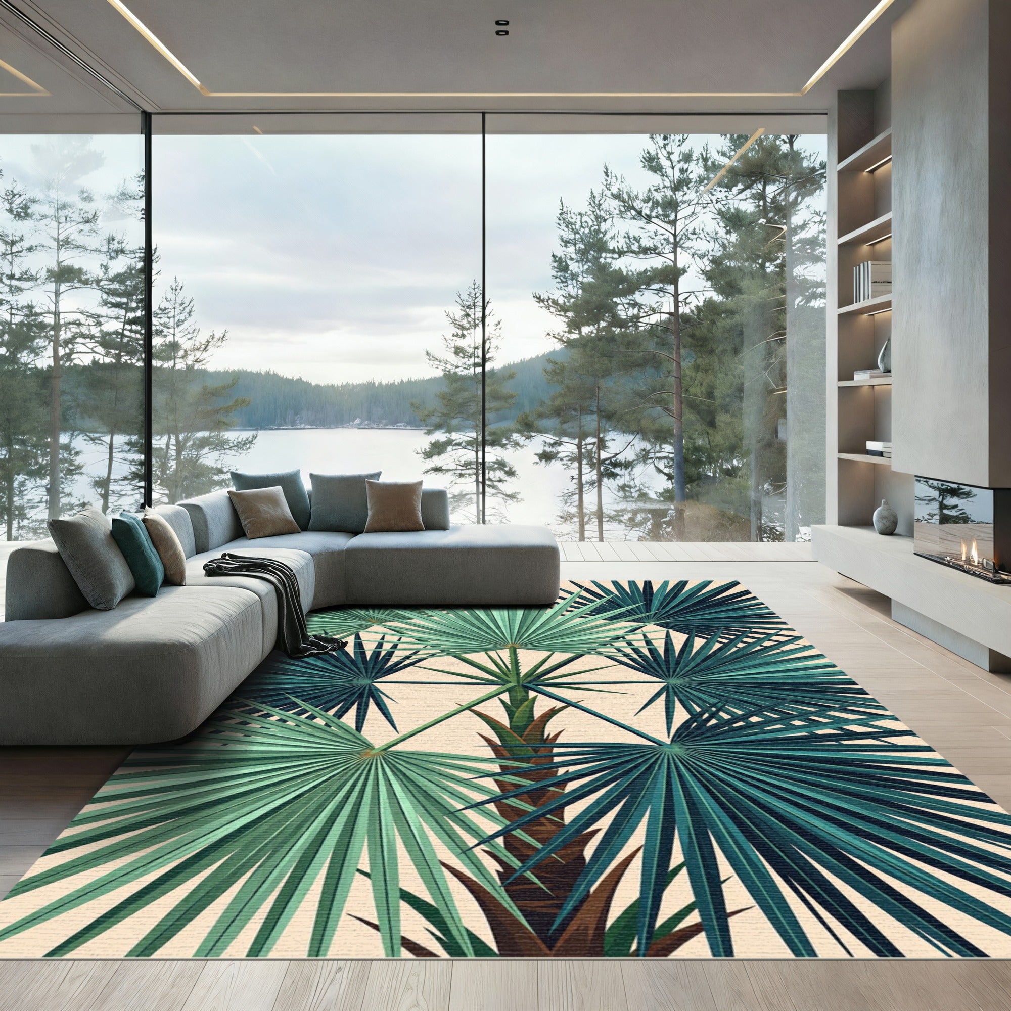 Lush Tropical Green Palm Foliage Rug