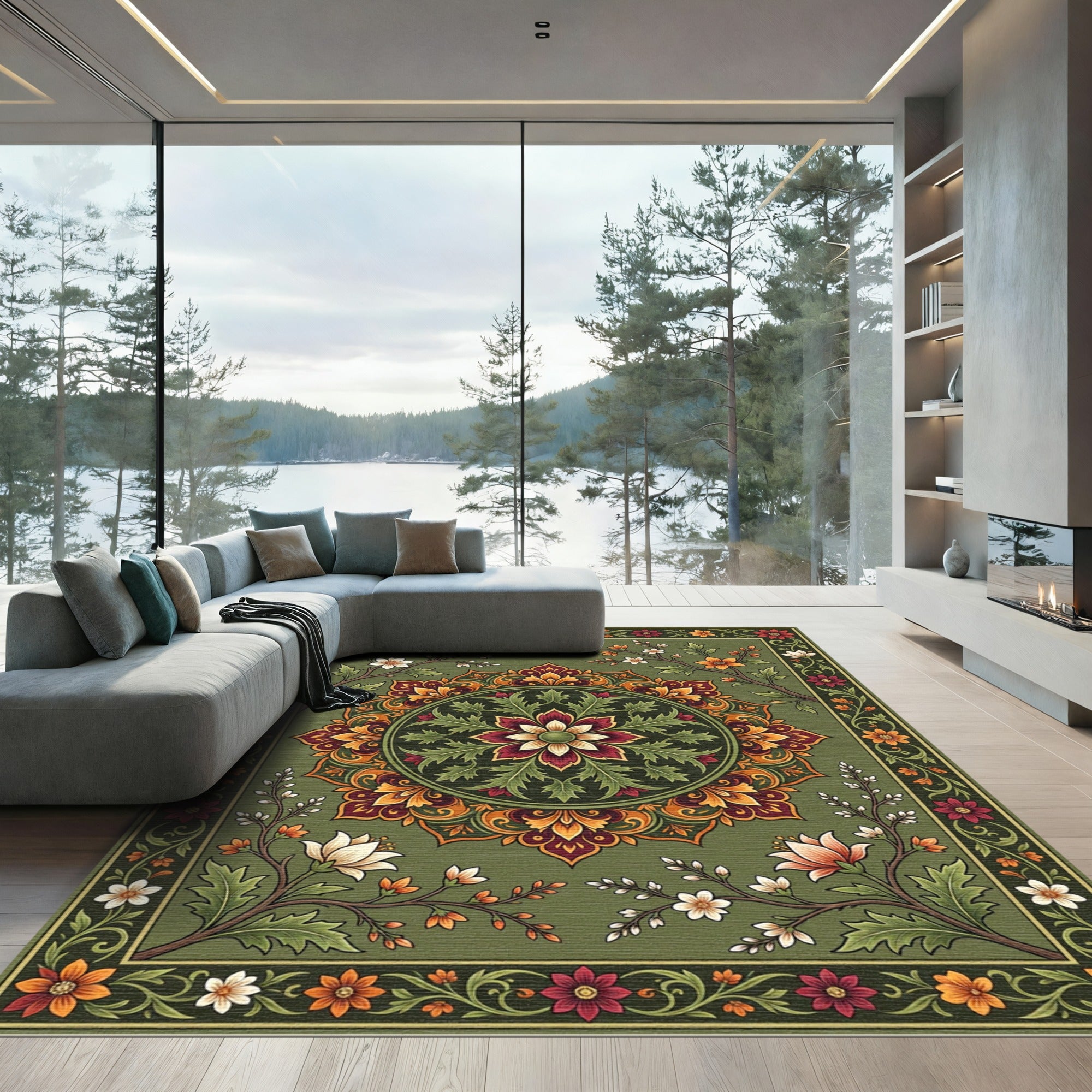 Rich Emerald Medallion Floral Branches Rug