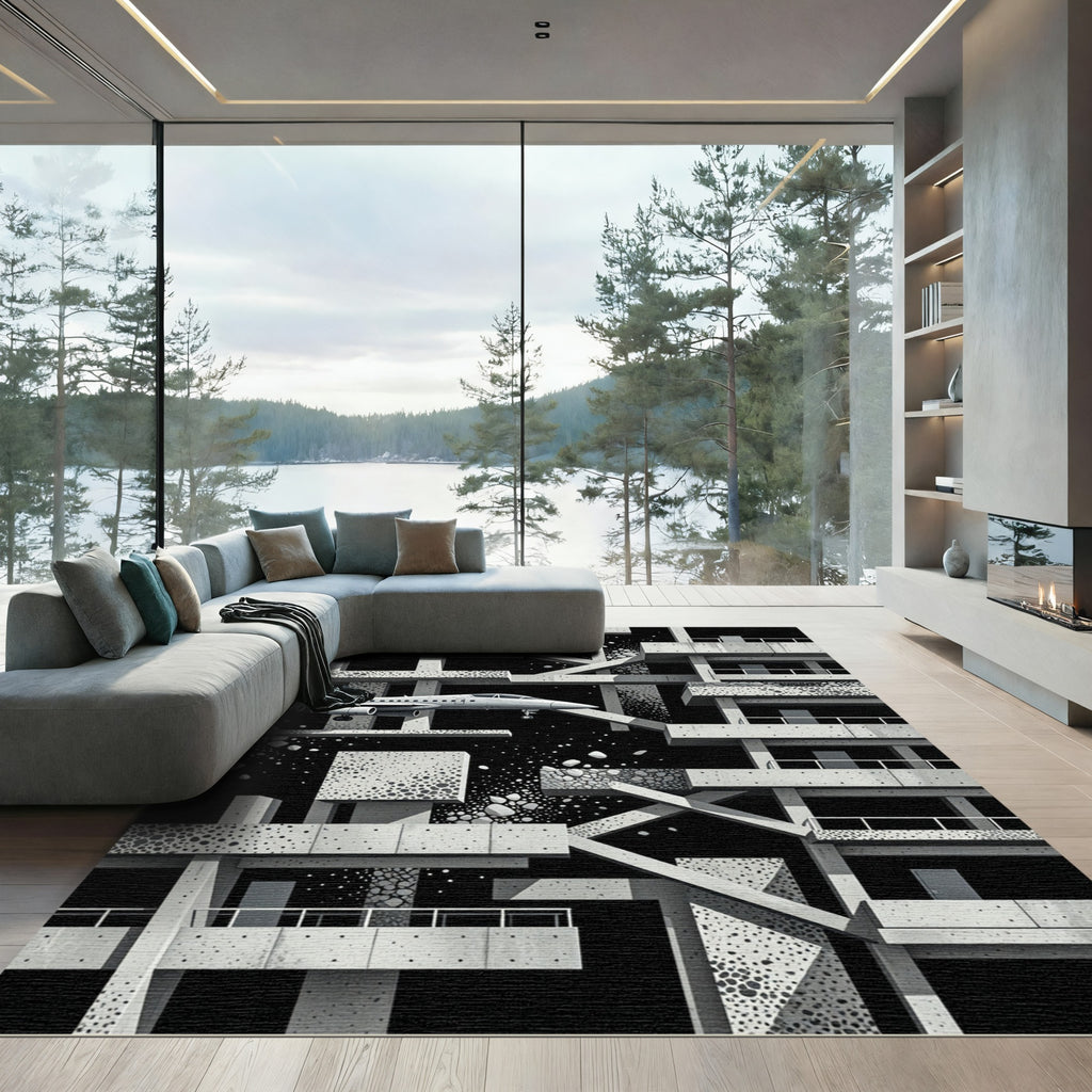 Monochromatic Brutalist Jet Abstract Rug