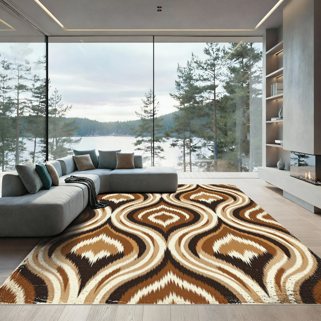 Mid Century Brown Ikat Wave Rug