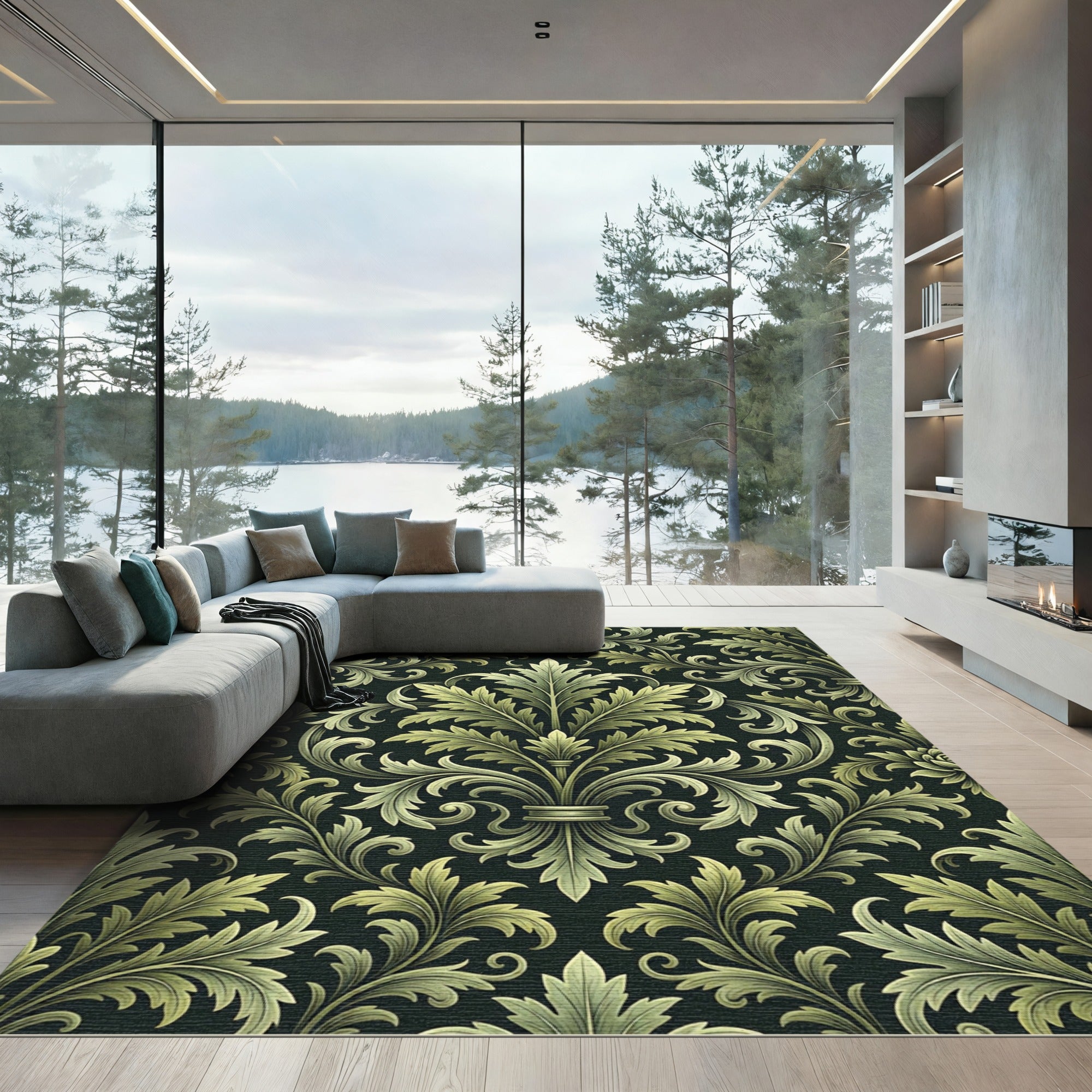 Sage Green Damask Botanical Scroll Rug