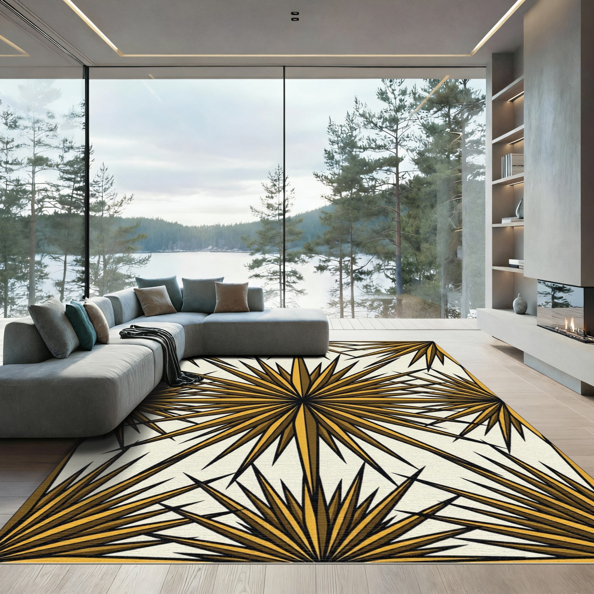 Golden Radiant Starburst Geometric Art Rug