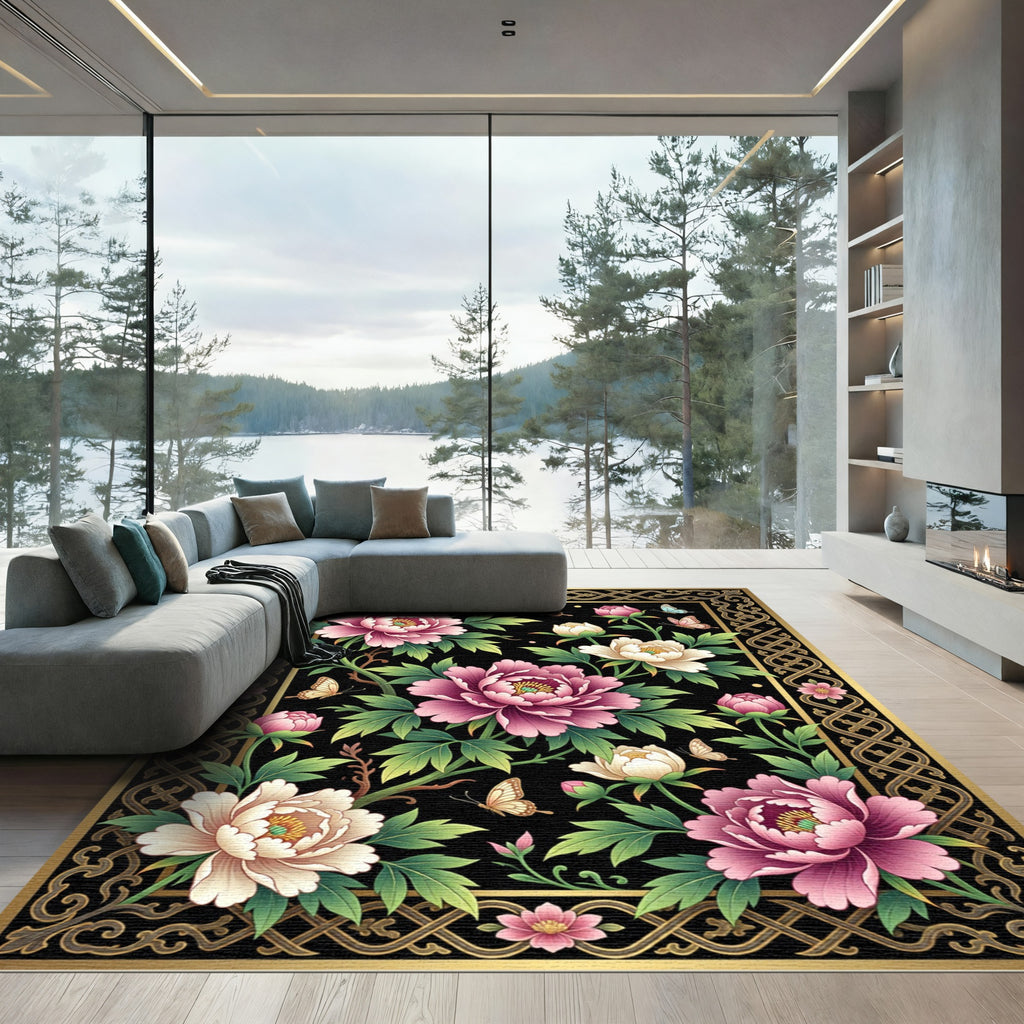 Elegant Pink Peony Gold Butterfly Garden Rug