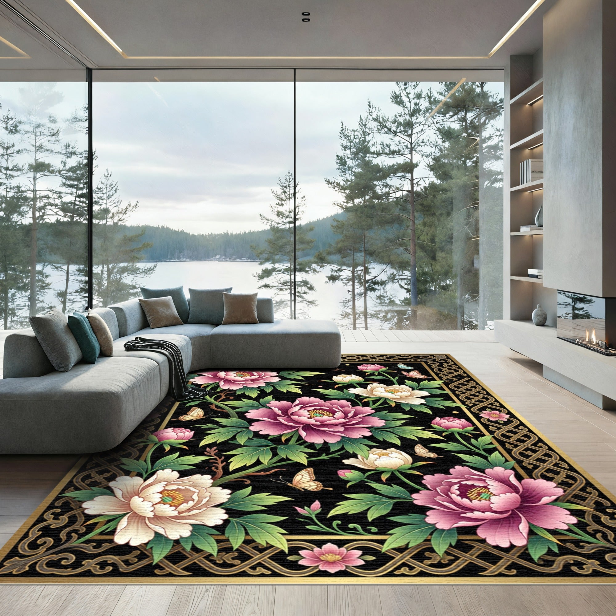 Elegant Pink Peony Gold Butterfly Garden Rug