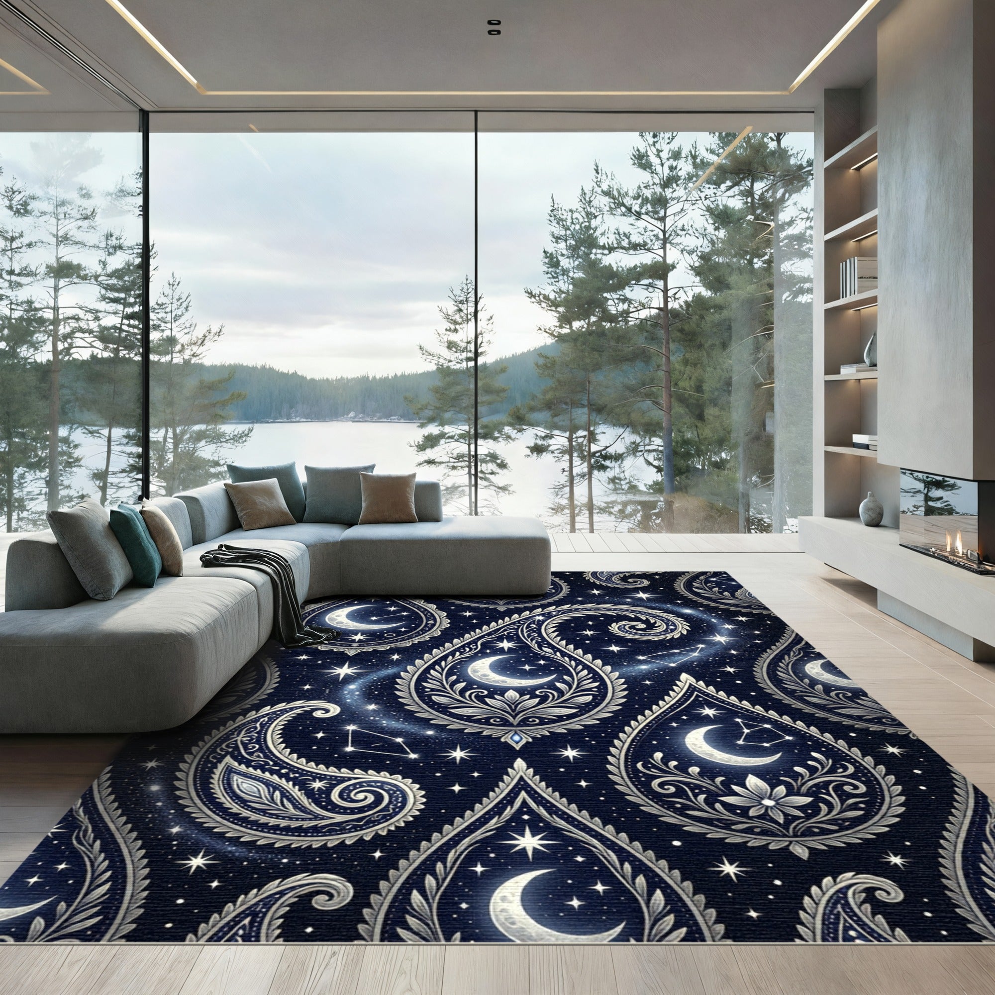 Celestial Midnight Moon Floral Paisley Rug