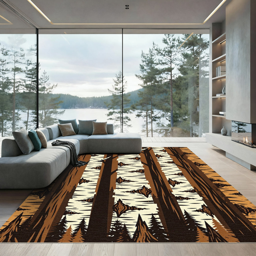Earthy Birch Forest Silhouette Woodland Rug