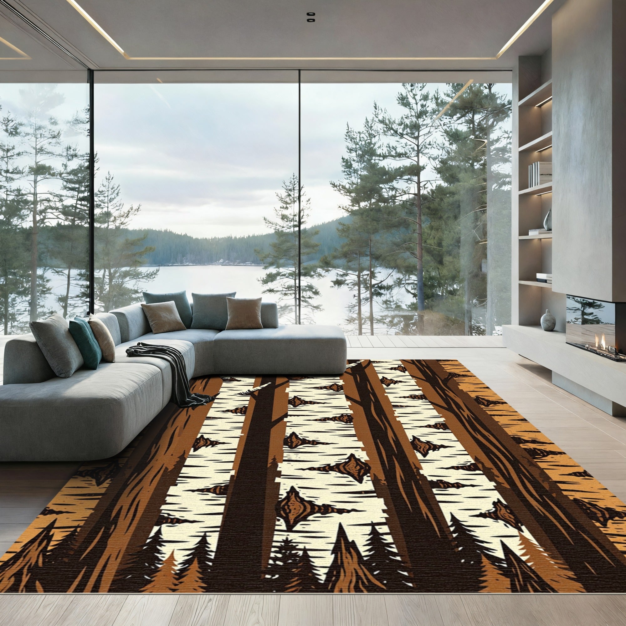 Earthy Birch Forest Silhouette Woodland Rug