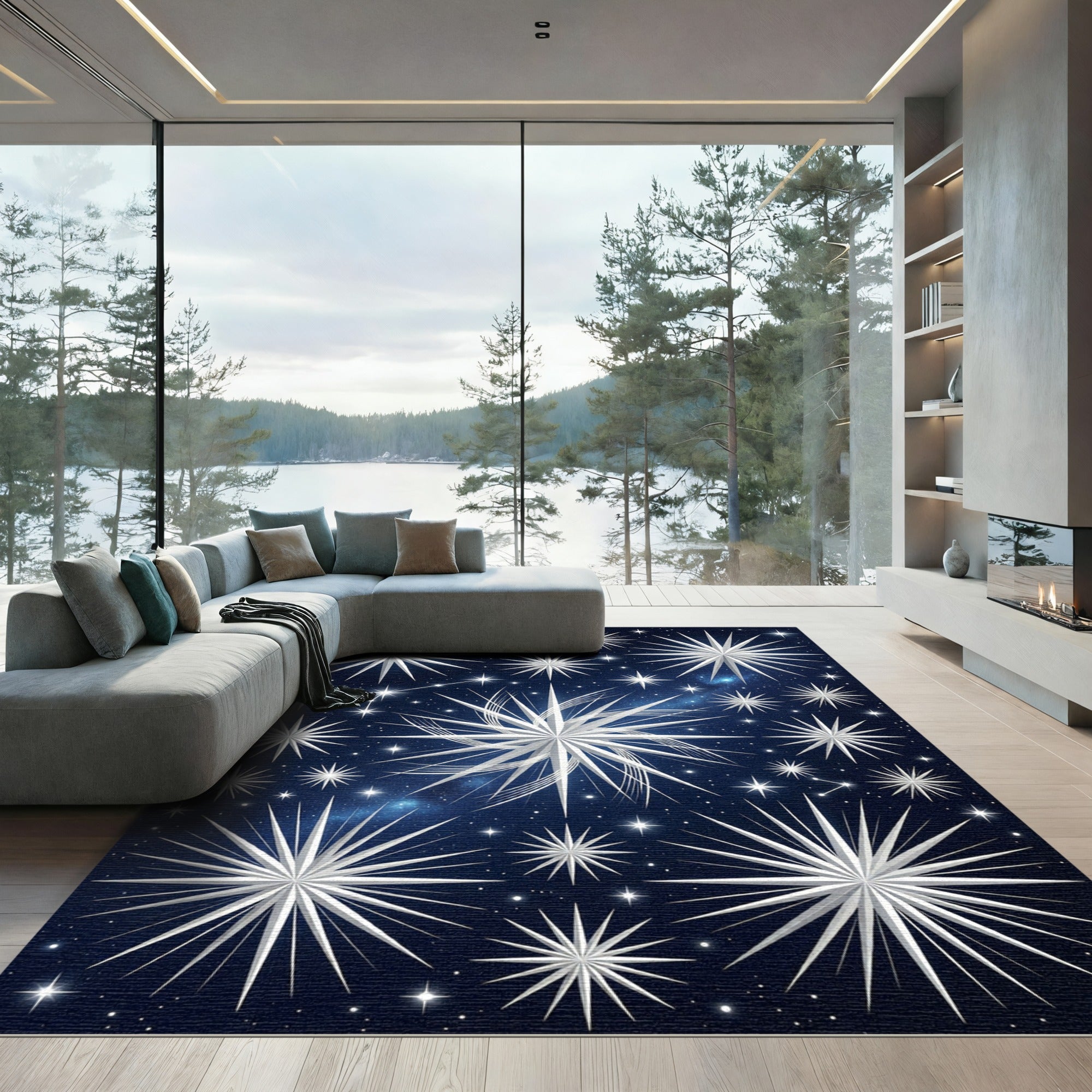 Celestial Silver Star Night Sky Rug