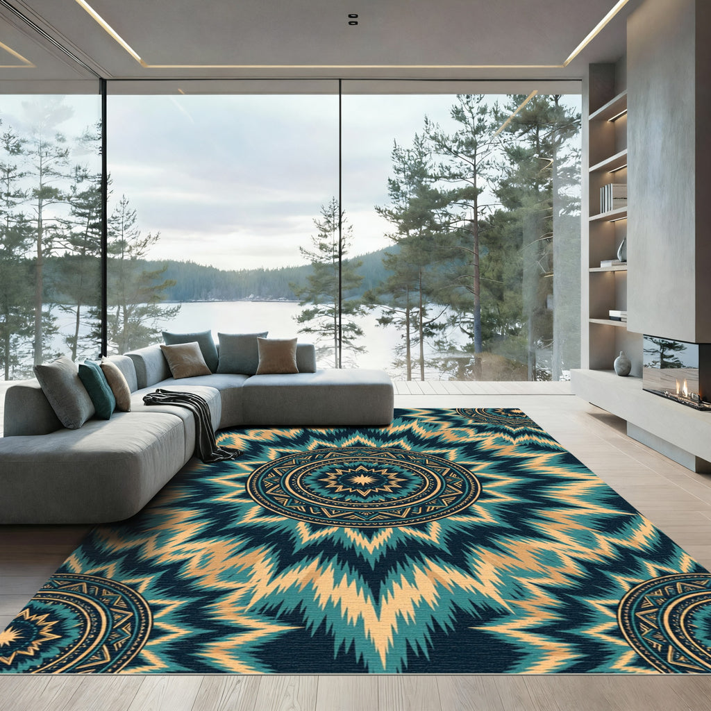 Teal Gold Sunburst Medallion Rug