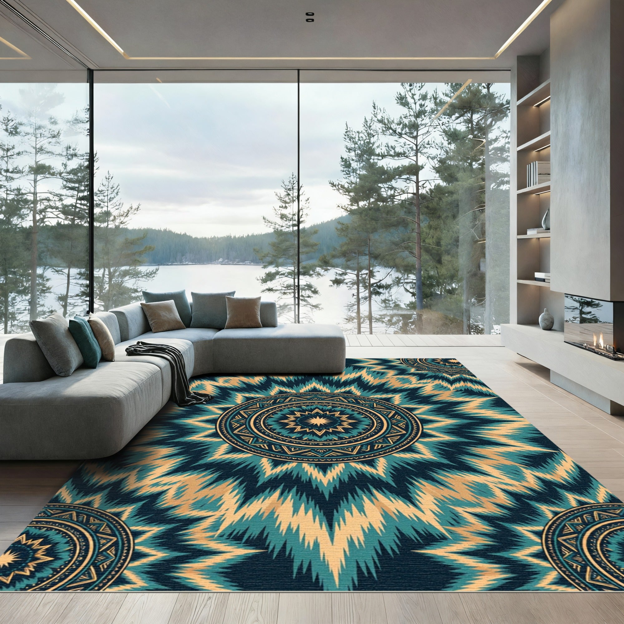 Teal Gold Sunburst Medallion Rug