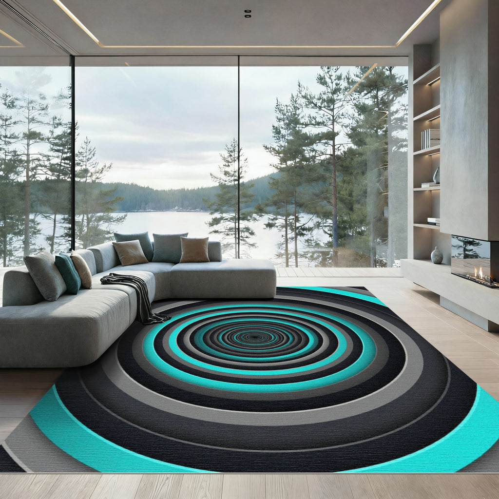 Cyan and Charcoal Concentric Circular Tunnel Rug