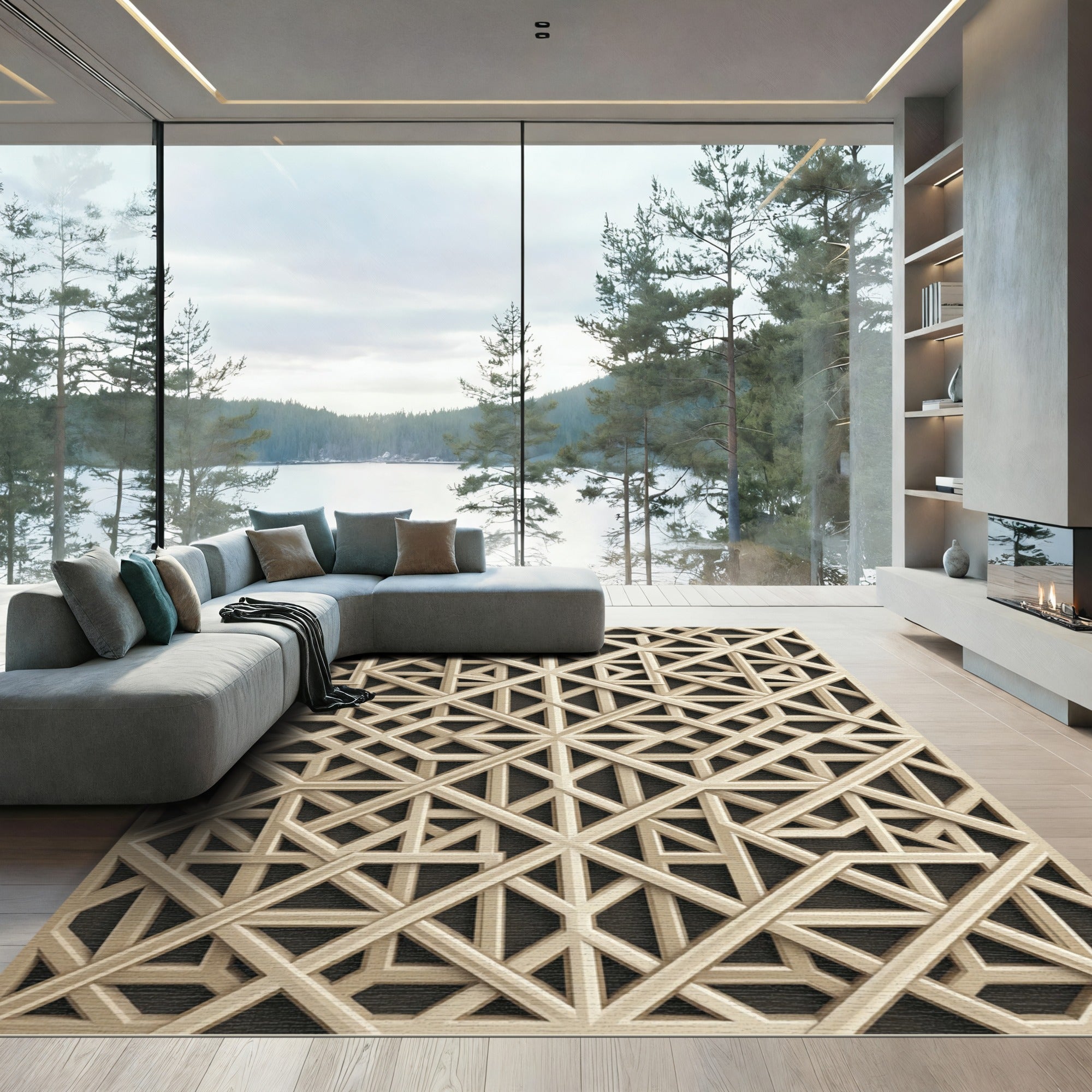 Sophisticated Beige Geometric Interlocking Lattice Rug