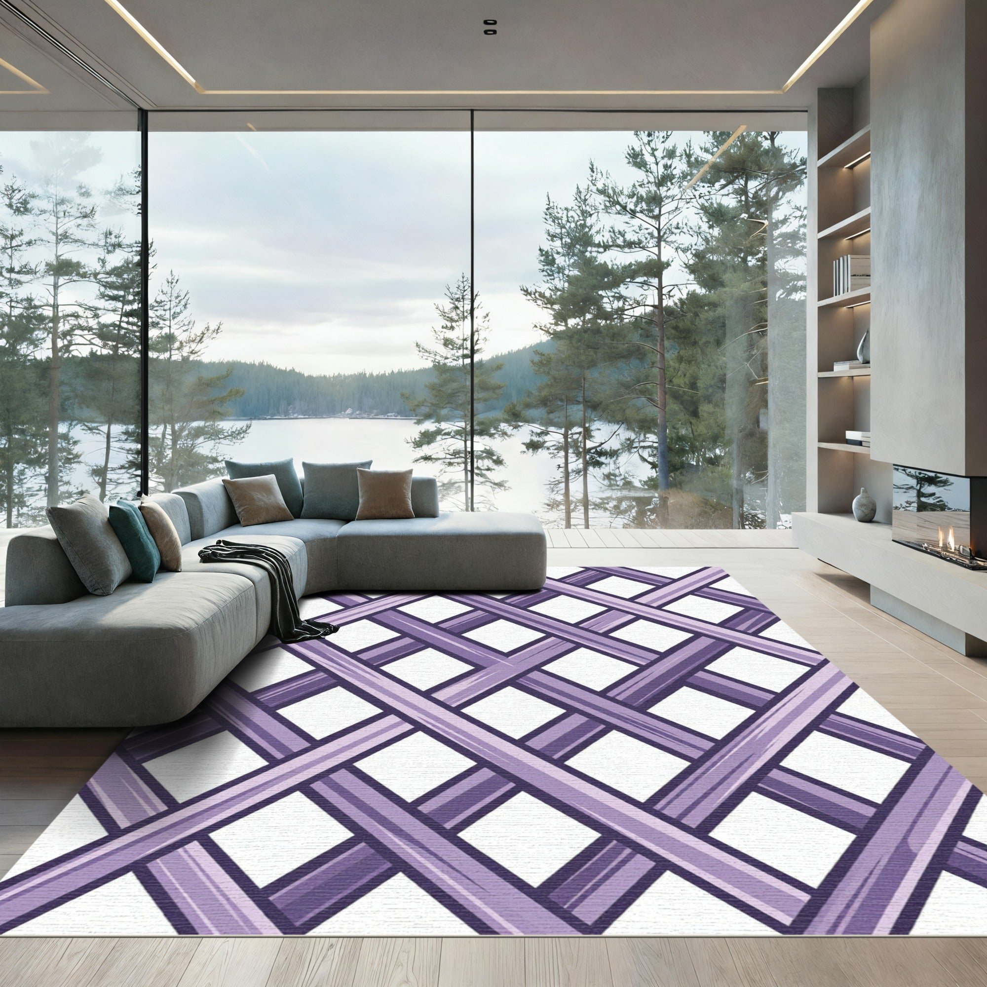 Lavender Geometric Intersecting Diamond Lattice Rug