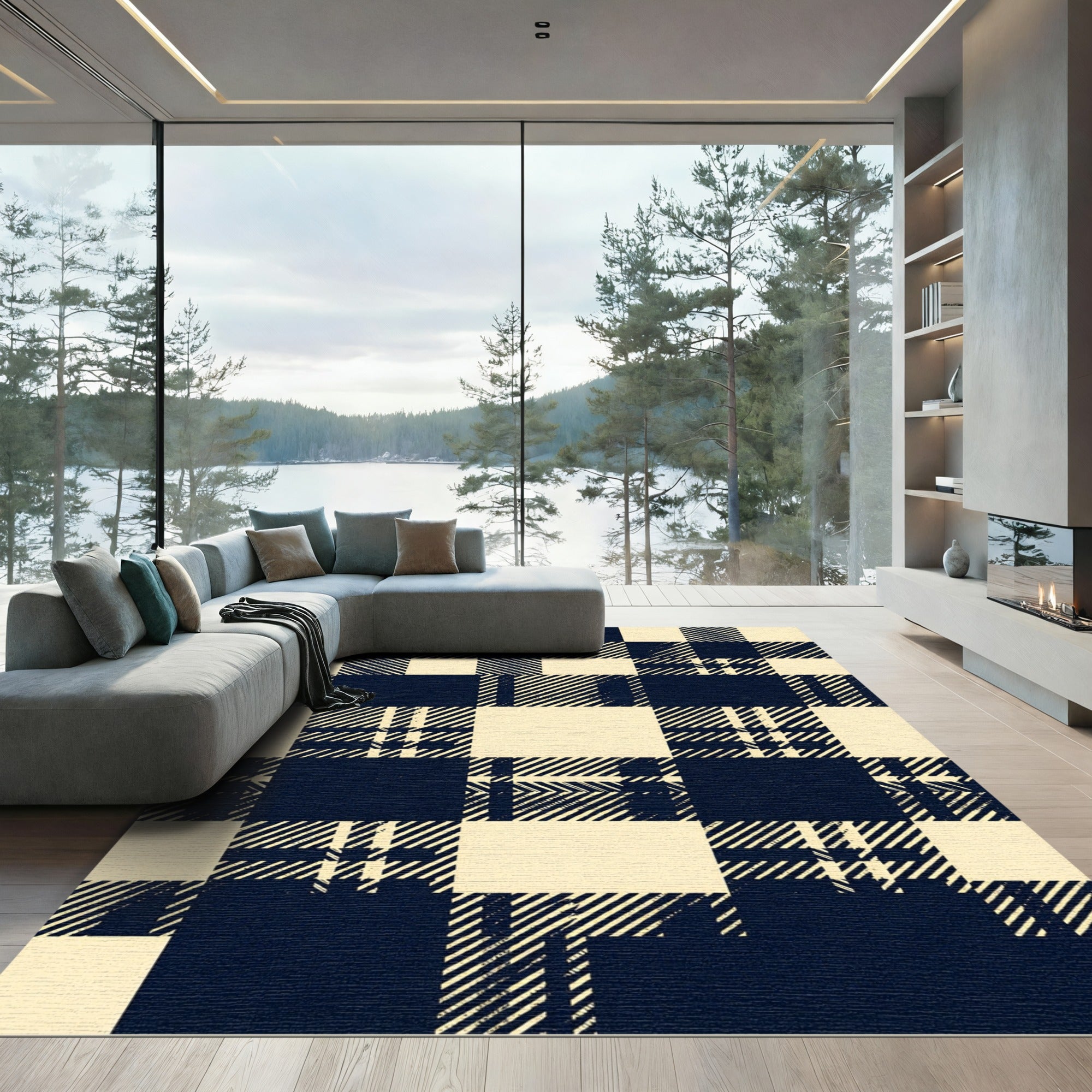 Bold Navy and Cream Gingham Check Rug