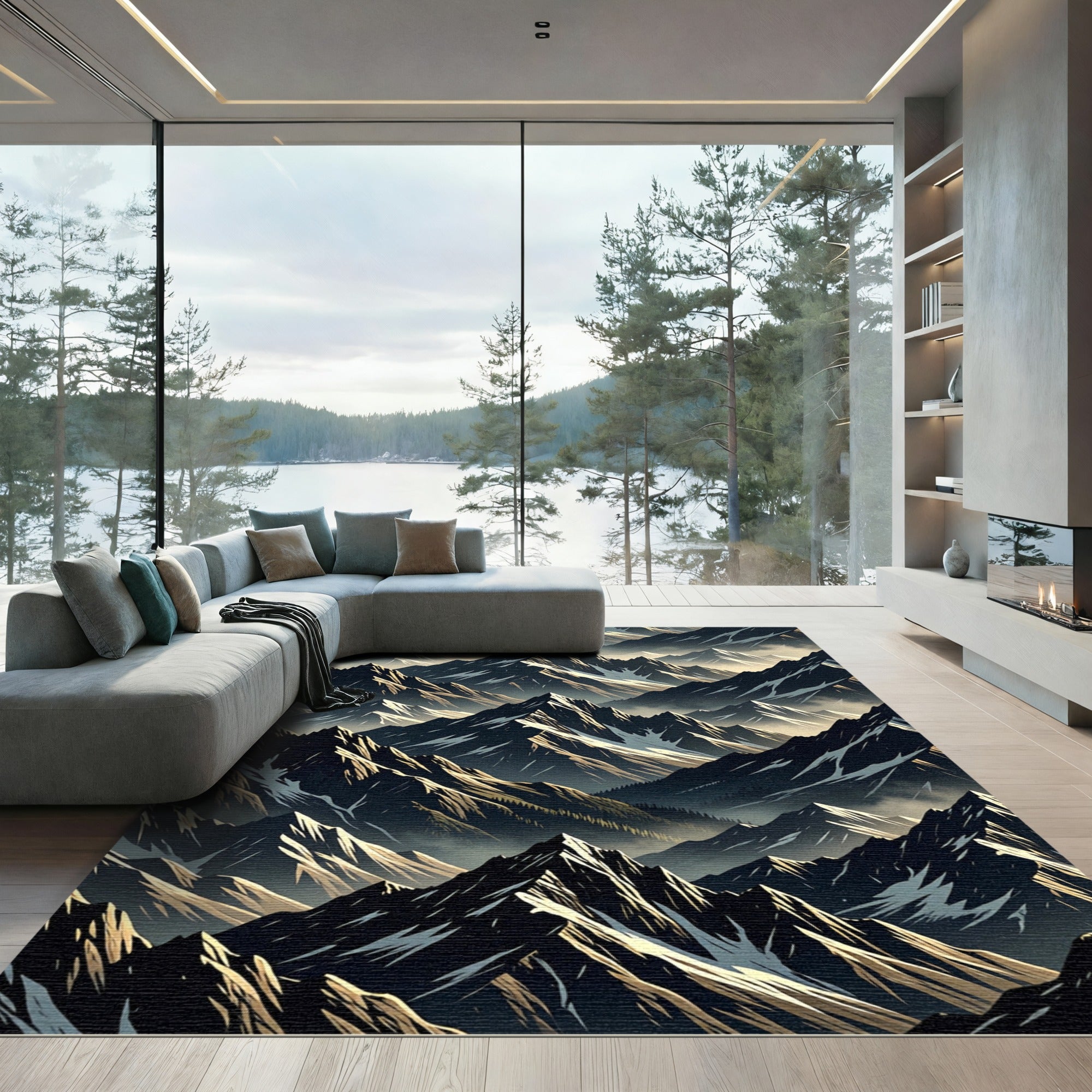 Jagged Peaks Dark Forest Landscape Rug