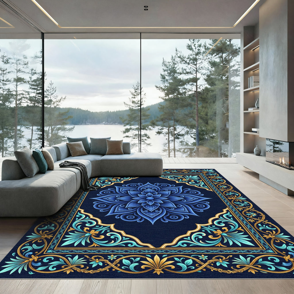Deep Blue Golden Floral Symmetry Rug