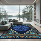 Deep Blue Golden Floral Symmetry Rug
