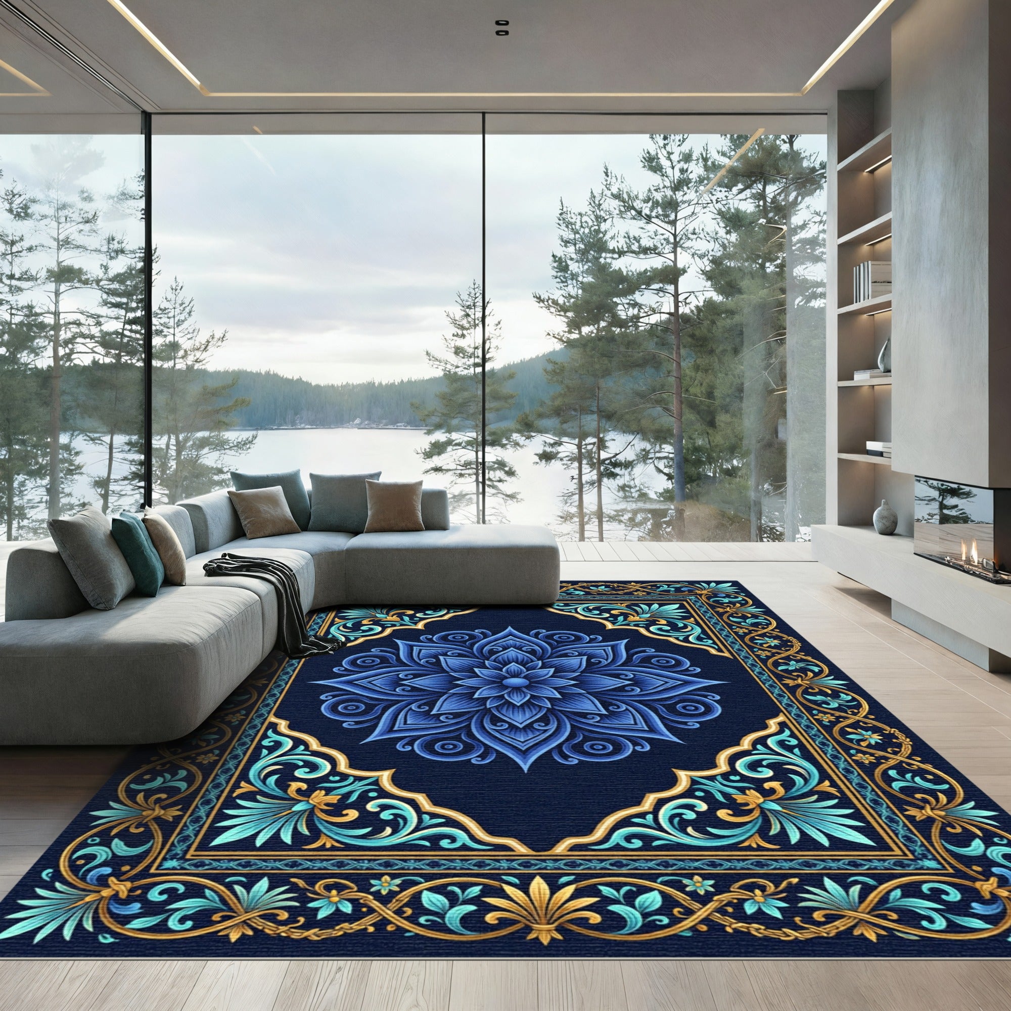 Deep Blue Golden Floral Symmetry Rug