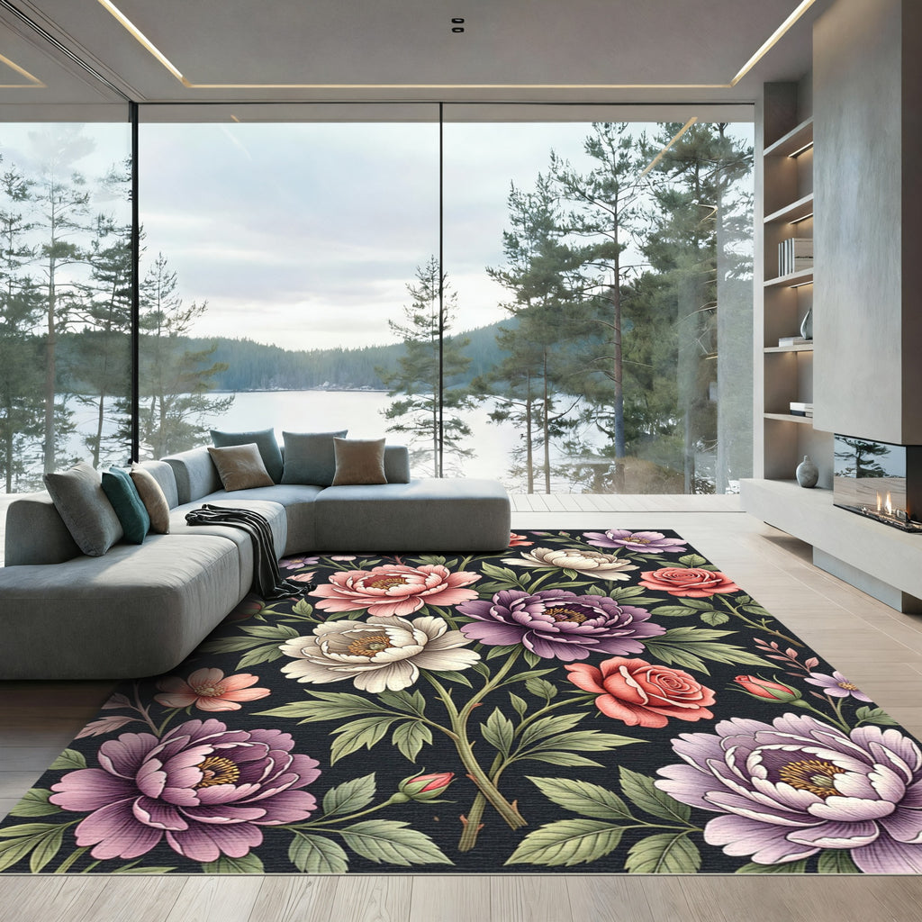 Vintage Pink Purple Peony Rose Floral Rug