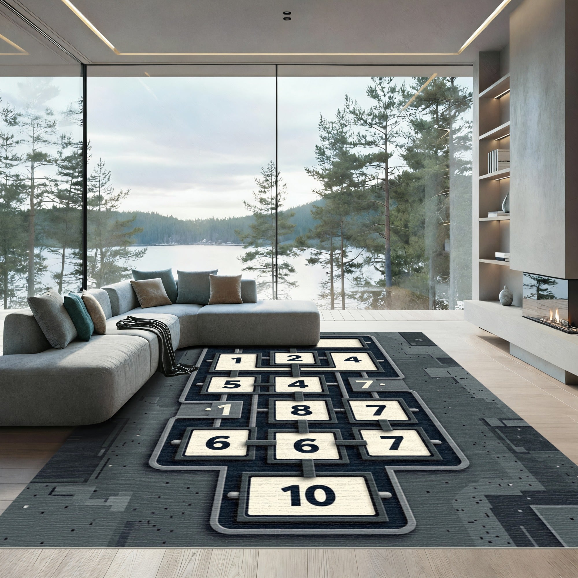 Industrial Charcoal Gray Geometric Tech Grid Rug