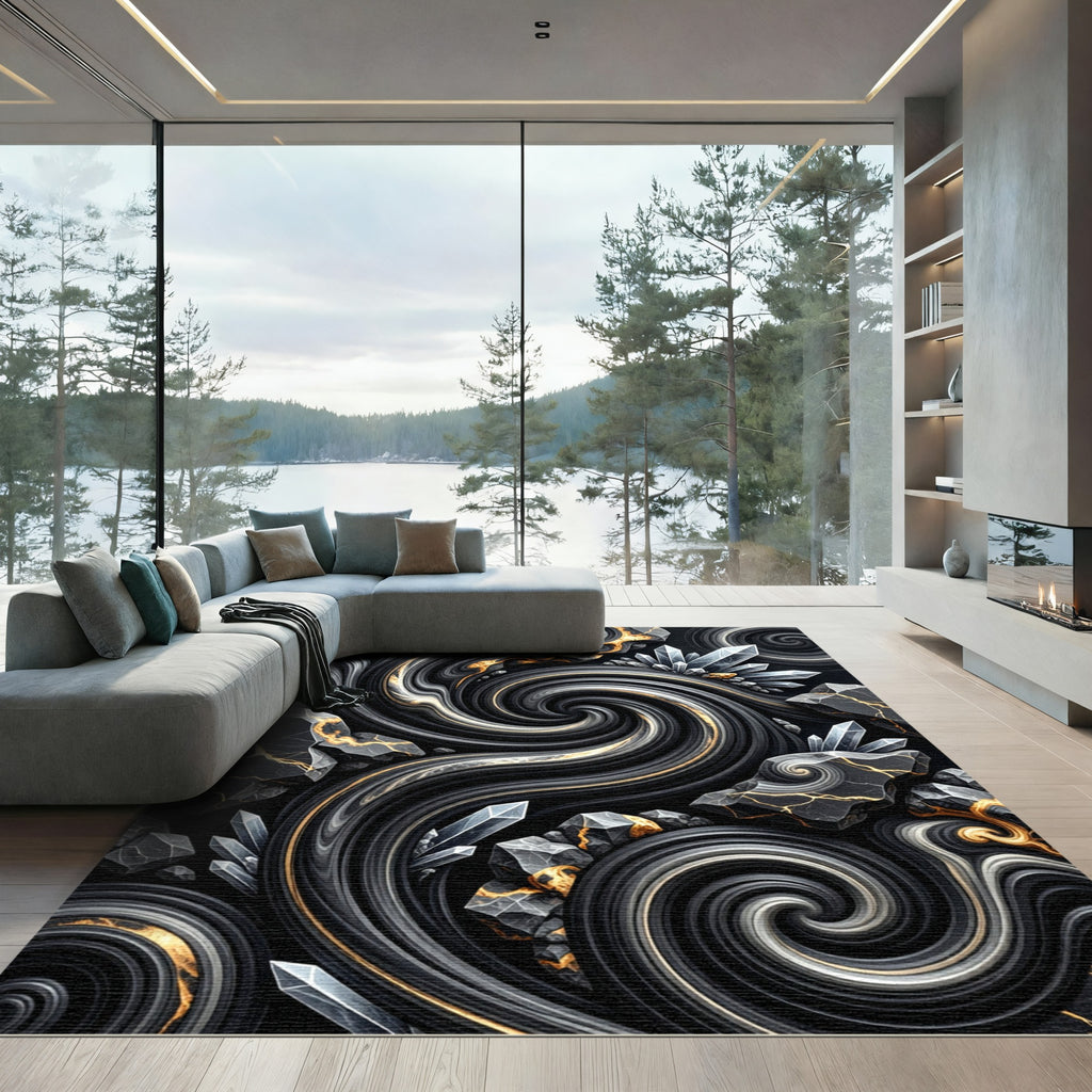 Dark Swirls Crystals Gold Rock Abstract Rug
