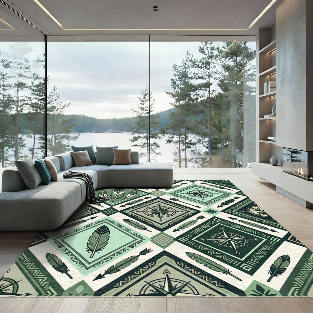Green Feather Compass Geometric Diamond Rug