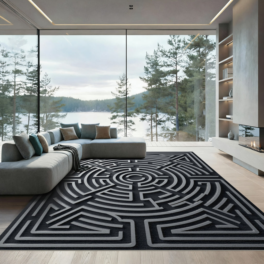 Silver Abstract Maze Geometric Rug