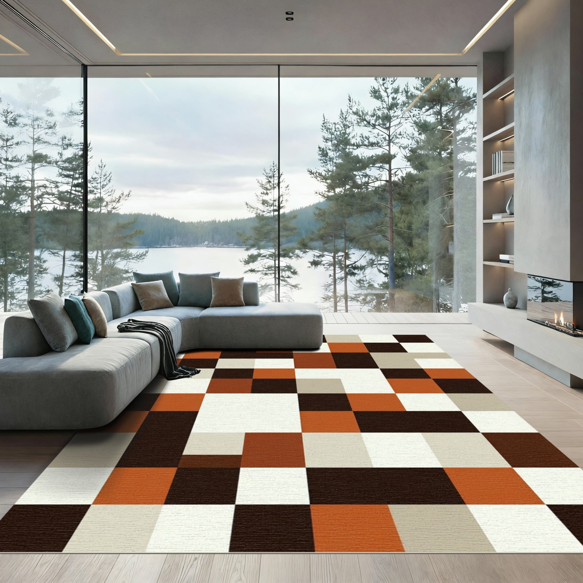 Modern Earthen Mosaic Geometric Block Rug