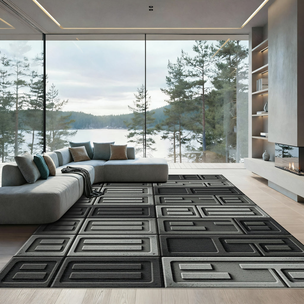 Industrial Gray Rectangular Stone Brick Rug
