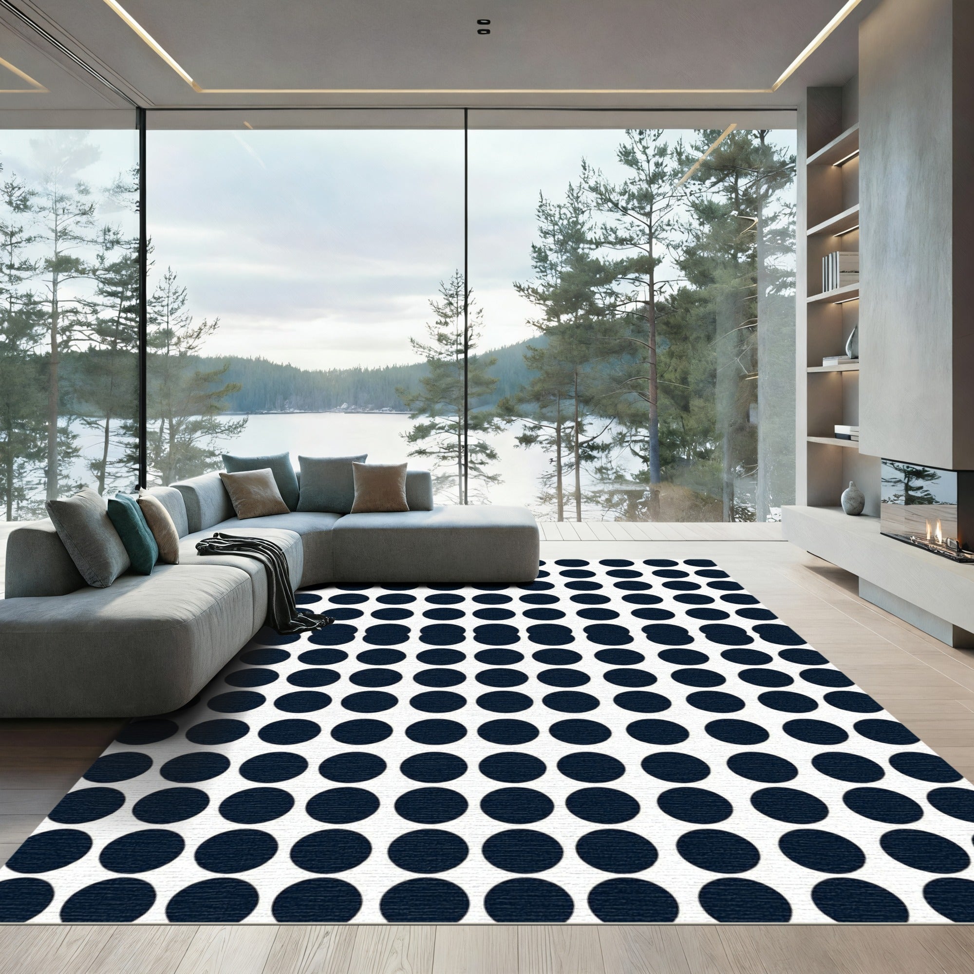 Modern Navy Blue Circular Grid Rug