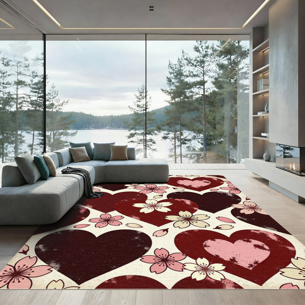 Cherry Blossom Hearts Crimson Rug